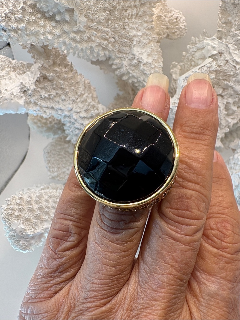 Trina Turk Gold-Tone Ring with Large Black Faceted Stone